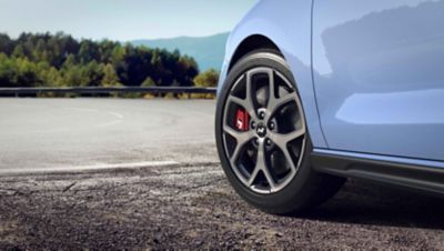 detail of cast alloy 18" wheels on the new Hyundai i30 N performance hatchback