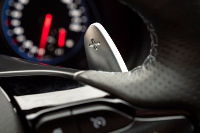 detail of the racing-inspired paddle shifters on the steering wheel of the new Hyundai i30 N