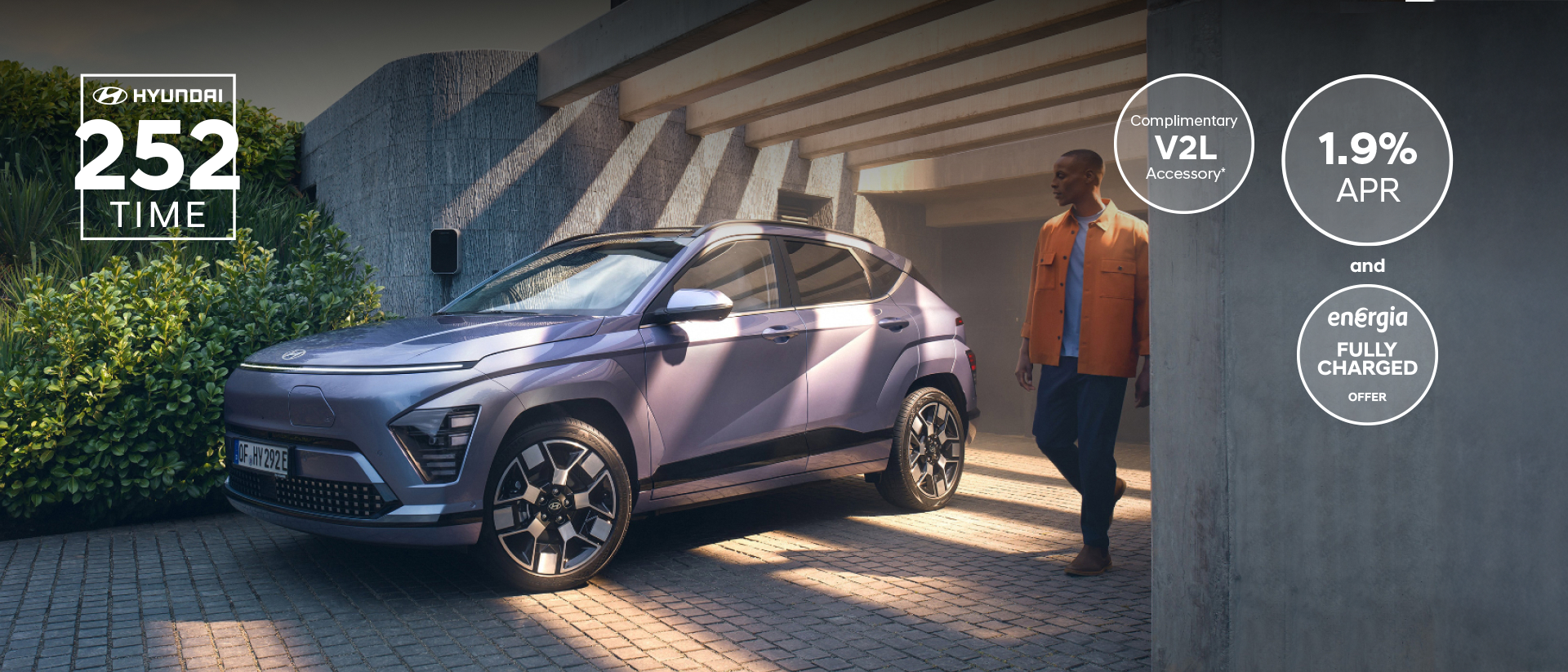 The Hyundai KONA Electric bathed in sunlight with a man walking away from a garage.