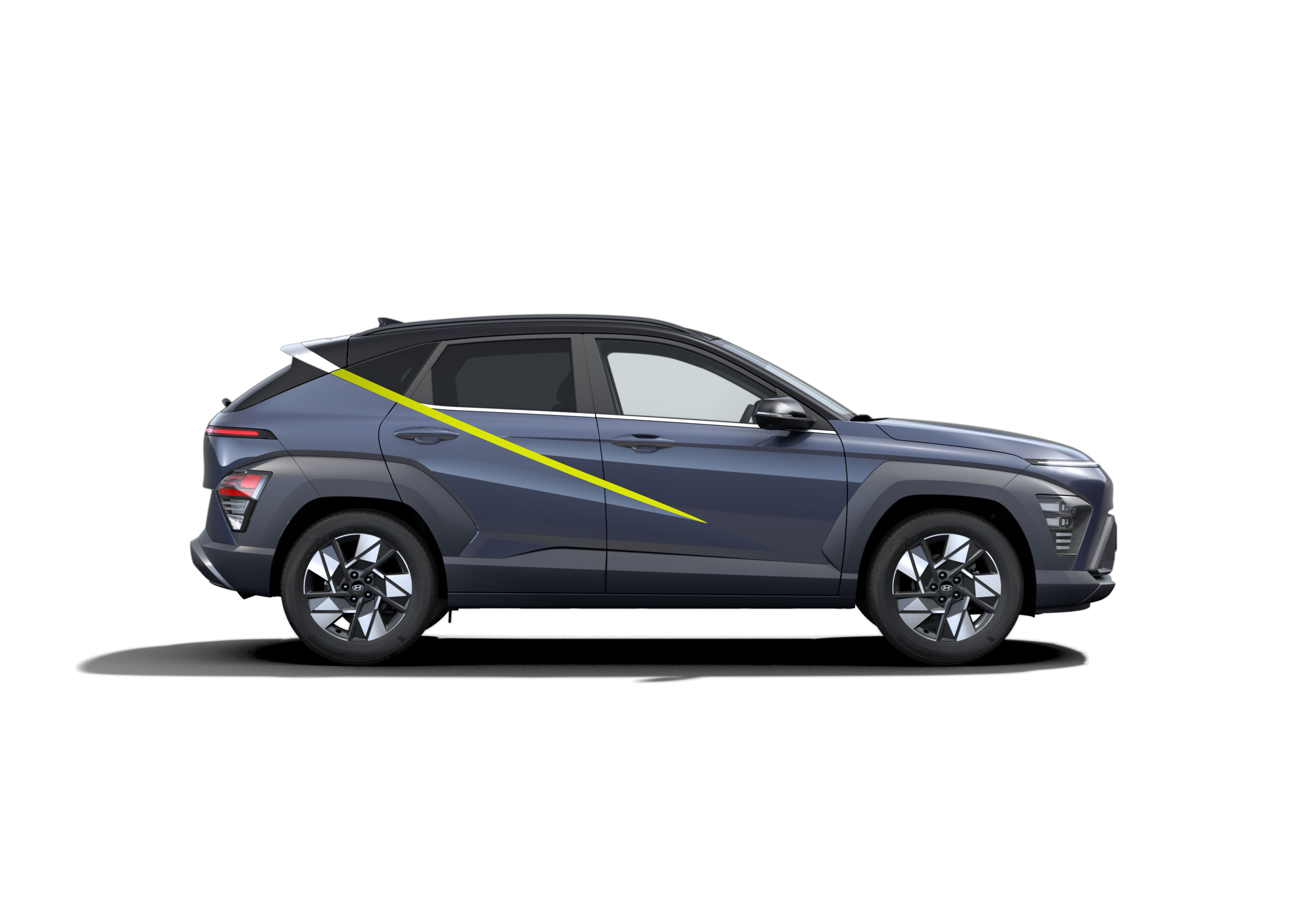 The profile of the all-new Hyundai KONA Hybrid with sharp diagonal parametric surfaces.