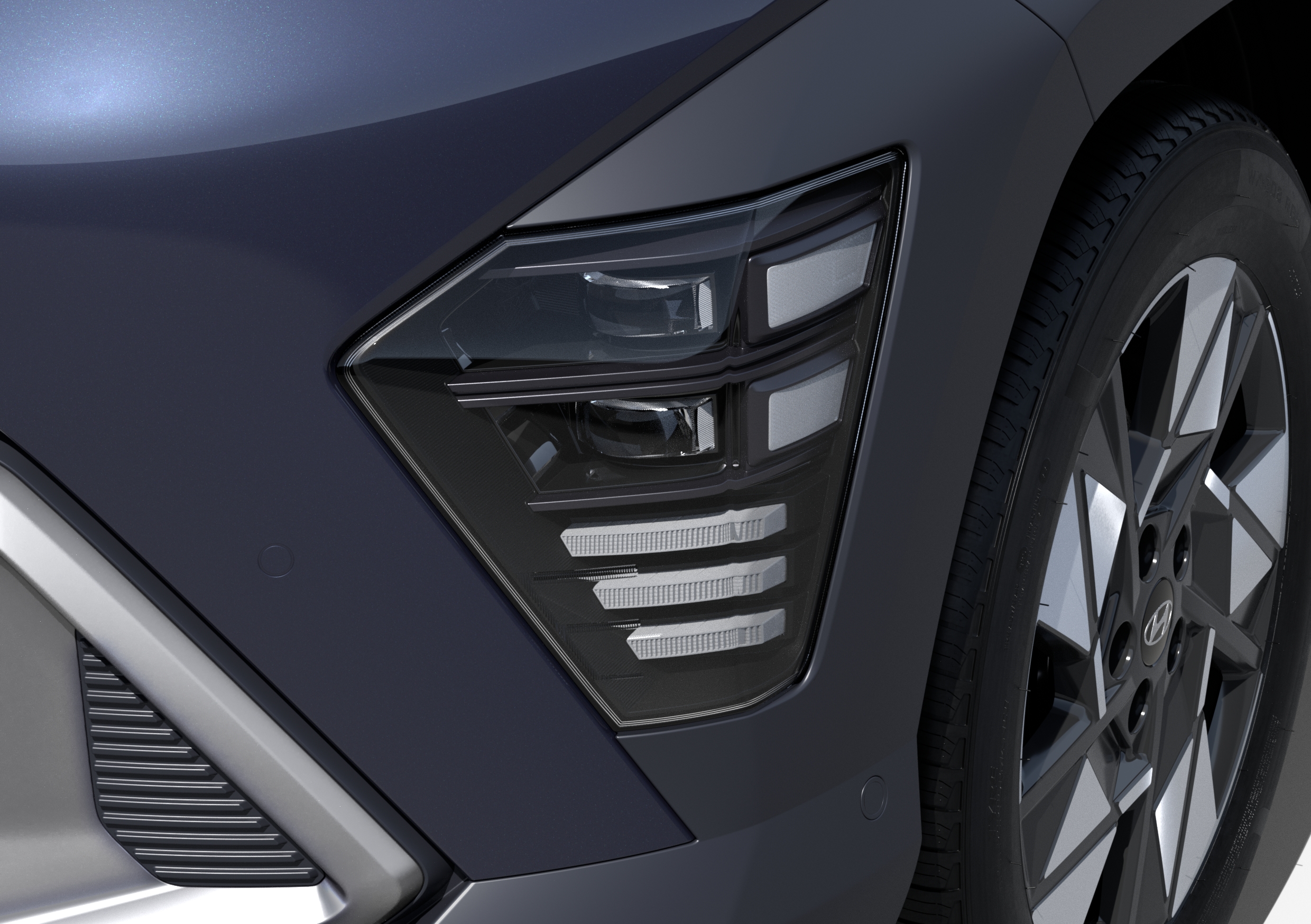 The distinctive twin headlamp design of the Hyundai KONA.