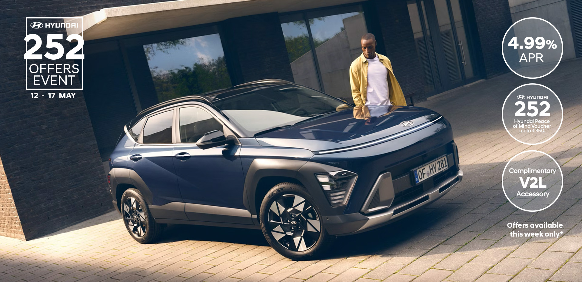 The all-new Hyundai KONA in blue parked next to a men with yellow shirt.