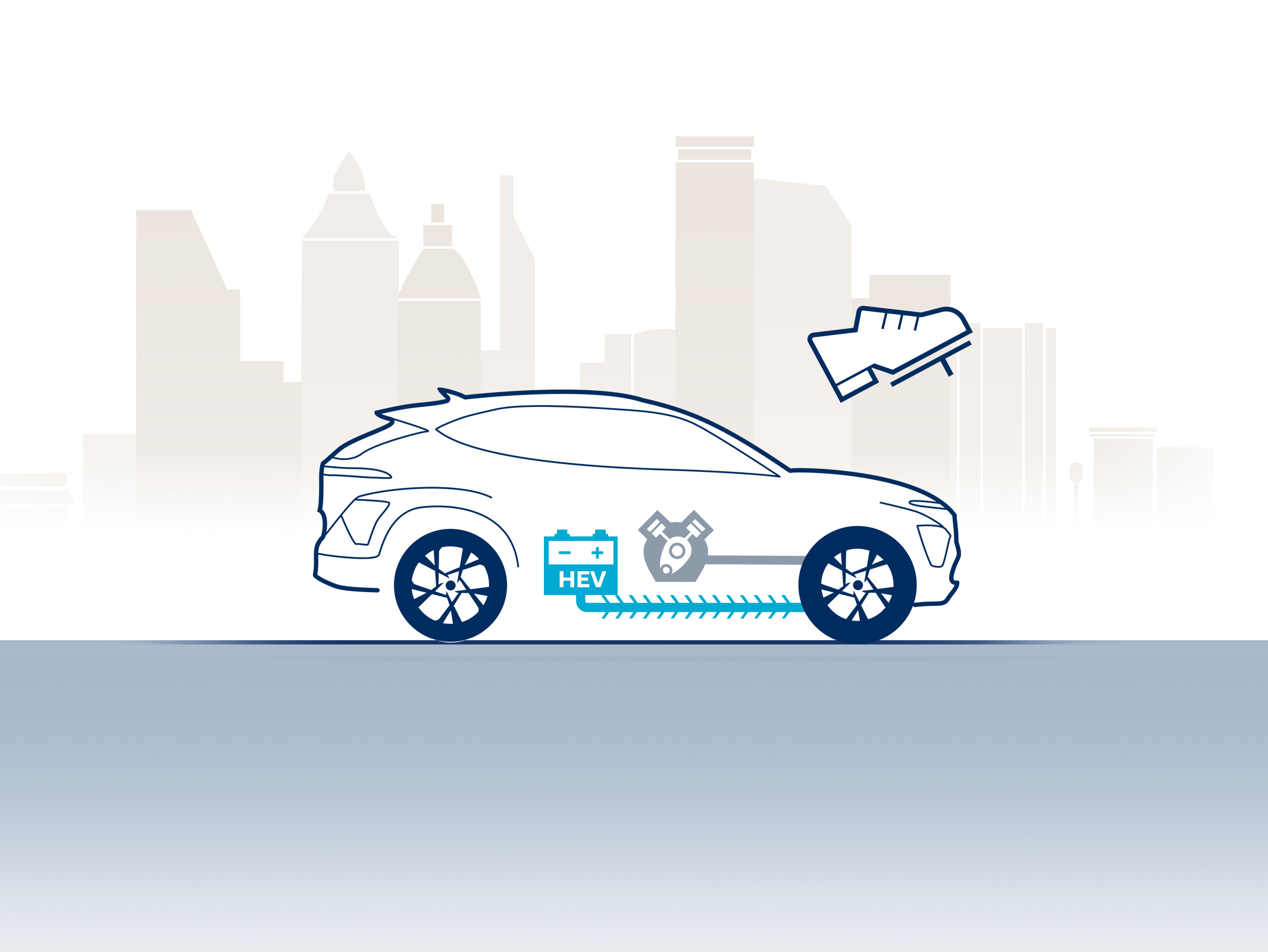 The inside engineering of the Hyundai KONA is pictured in a drawing of the car and a shoe drawn on top of it. 