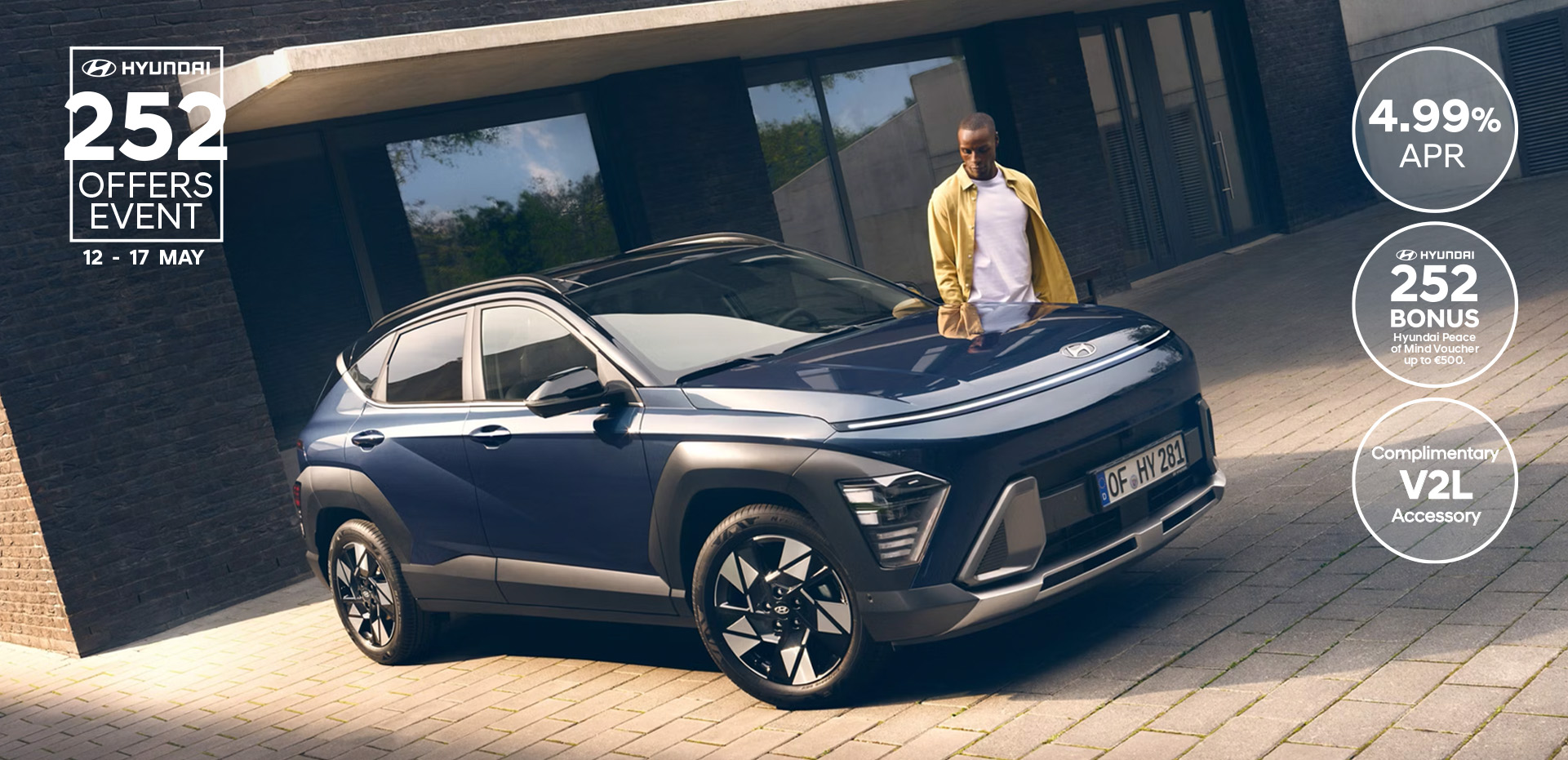The all-new Hyundai KONA in blue parked next to a men with yellow shirt.