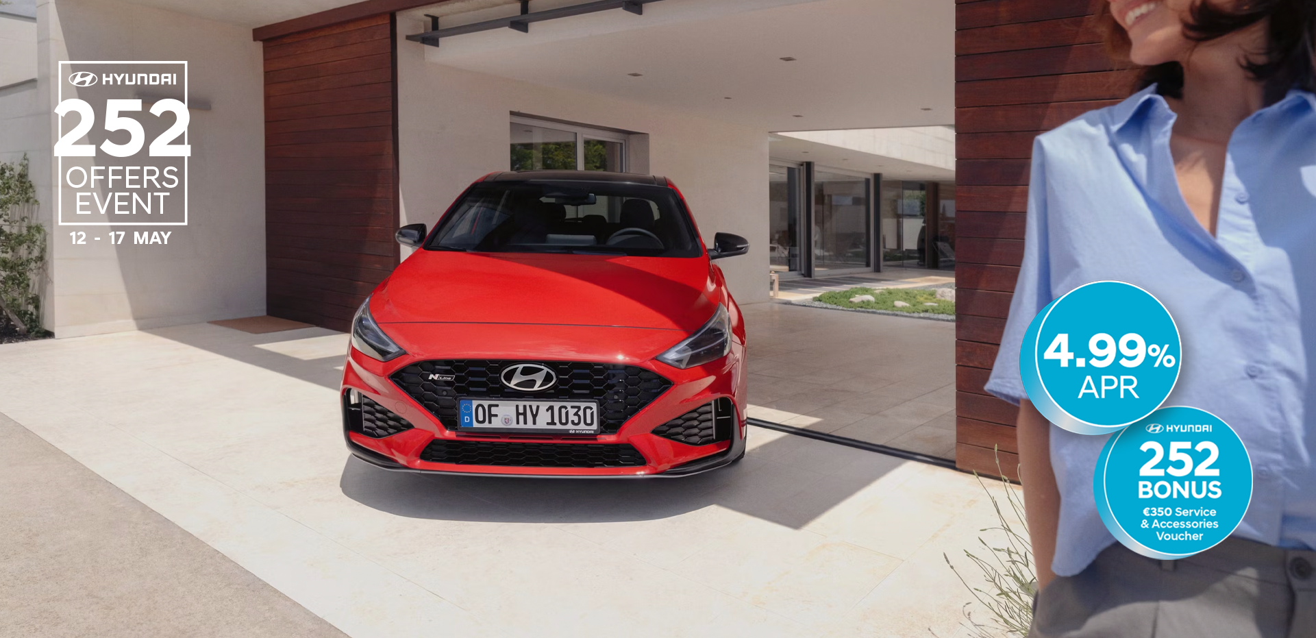 The new Hyundai i30 N Line in red parked in front of the house.