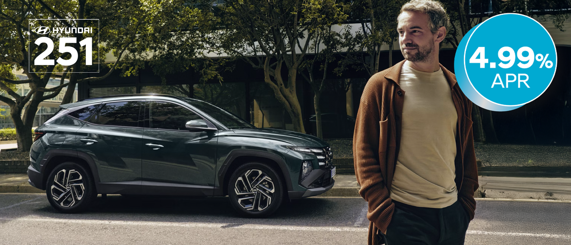 A man walking near a Hyundai TUCSON Hybrid parked by some trees.