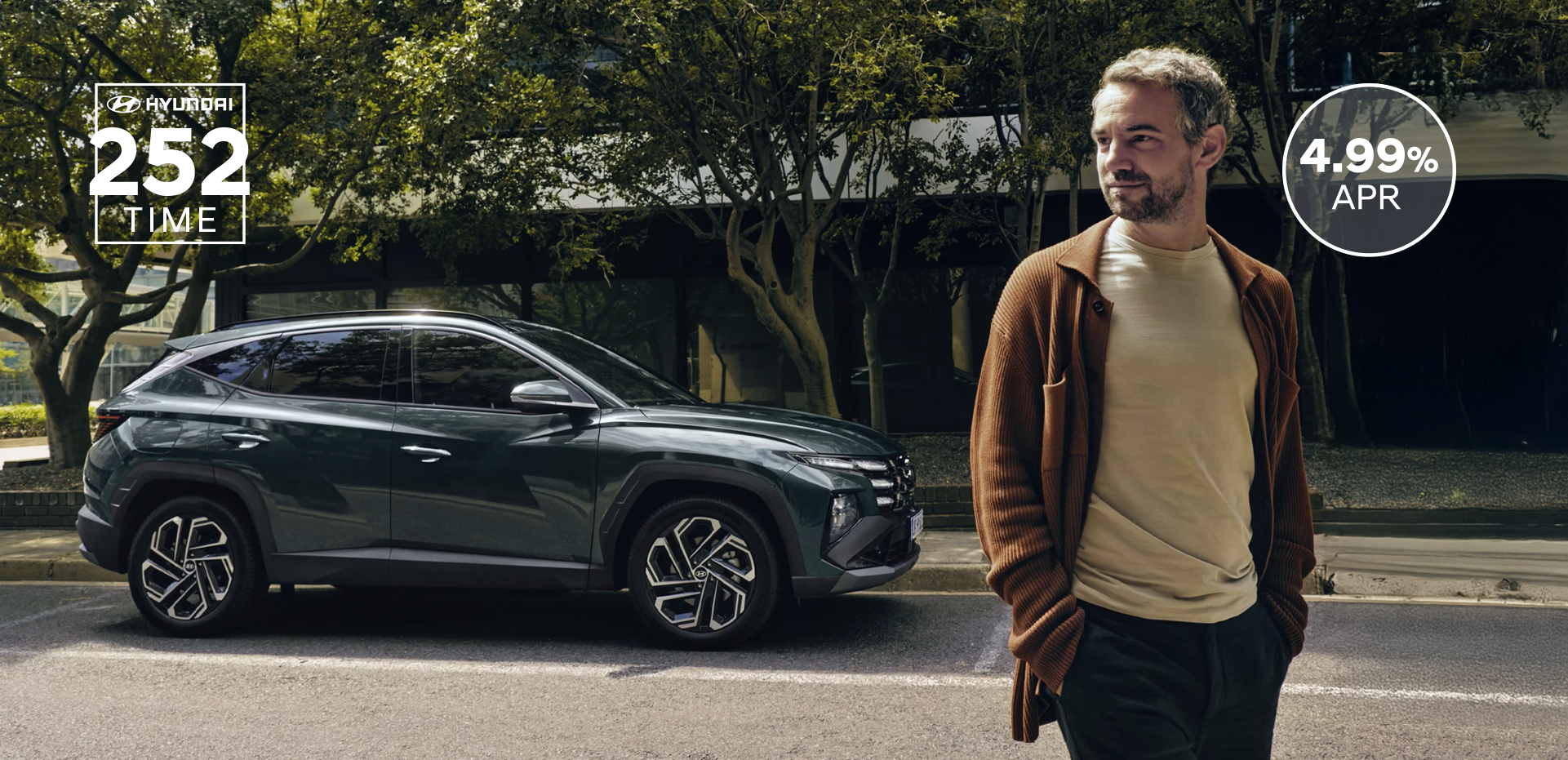 A man walking near a Hyundai TUCSON Hybrid parked by some trees.
